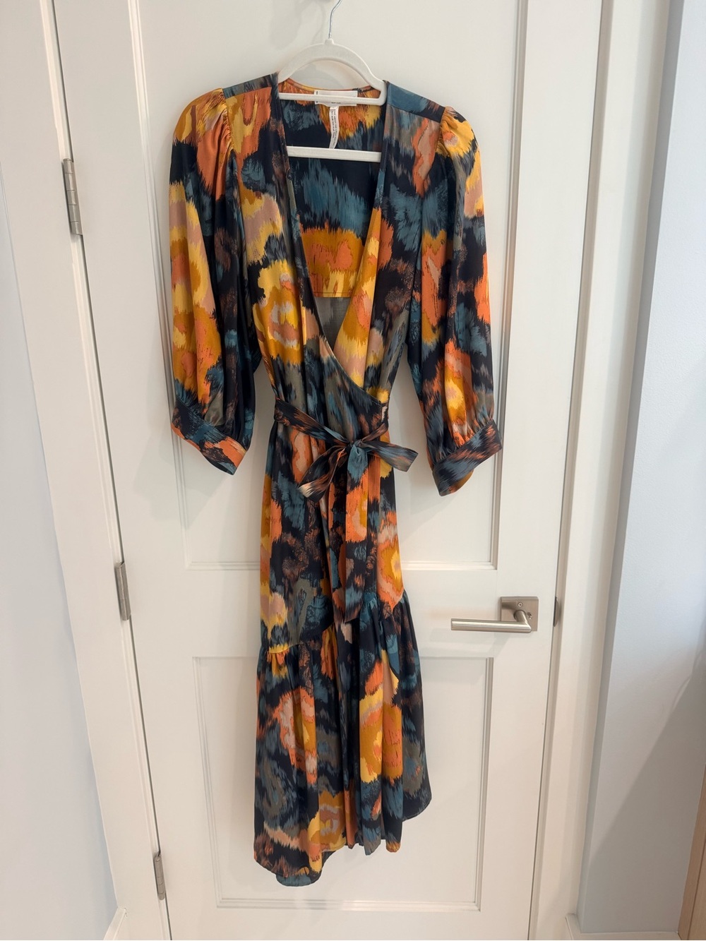 Apiece Apart Floral Abstract Wrap Maxi Dress in Mustard, Teal, Black